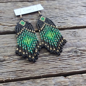 Green Beaded Earrings, Boho Earrings, Green Seed Bead Earrings, Bead ...