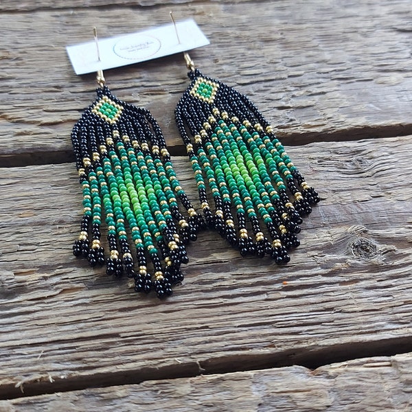 Green Beaded earrings, Boho earrings, Green seed bead earrings, Bead fringe earrings, Beadwork earrings, Handmade jewelry