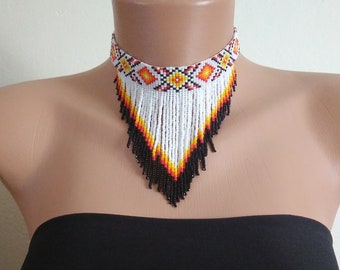 Collier étrangleur perlé, Choker de perles blanches, Collier de franges, Collier de perles artisanales, Choker de perles de graines sans cou, Choker fait à la main