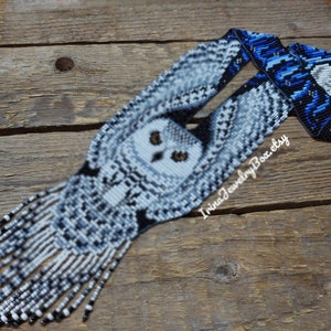 White owl beaded necklace, Night/ moon/ snowy owl necklace, Long seed bead necklace, Bead loom necklace, Owl jewelry, Handmade Gift for her