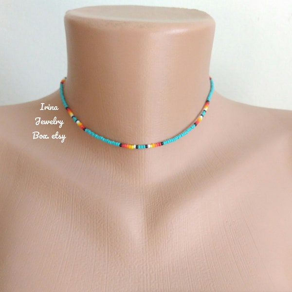 Turquoise beaded choker,Dainty Beaded choker,Boho choker unisex,Simple tiny beads necklace,Colorful Beaded necklace,Beadwork choker