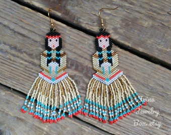 Indian Maiden girl earrings, Seed bead earrings, long beaded earrings, Handmade earrings, Beadwork earrings, Beads earrings, Gift for women