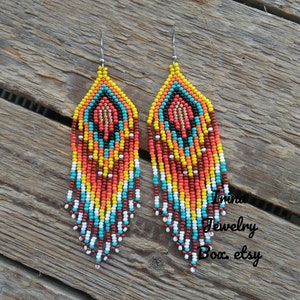 Turquoise - brown beaded earrings, Seed bead earrings, long earrings, Bead fringe earrings, Handmade, Beadwork jewelry, Gift idea for her