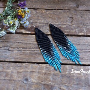 Sky blue - gray - black - beaded earrings Sparkle beads earrings Bead fringe earrings Long earrings Handmade earrings Beadwoork jewelry Gift