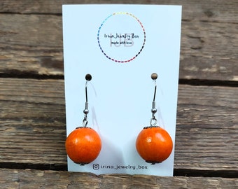 Wooden bead earrings,Single bead earrings,Wood beads earrings for woman,Simple earrings,Eco earrings Green Red Yellow Blue Orange Black Pink