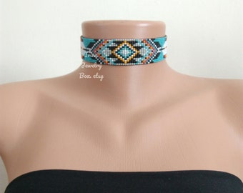 Beaded Choker necklace, Turquoise Seed bead choker, Artisan beaded choker, Beadwork hand wowen necklace, Tribal choker, Handmade jewelry