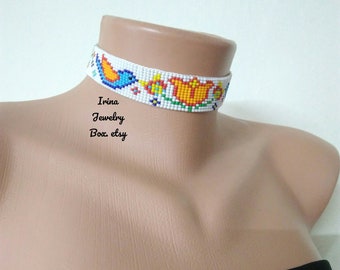 White with Blue Birds & Flowers Handmade Seed Bead Choker, Plant beaded necklace