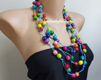 Multicolor beaded necklace,Wooden beads necklace,long wooden necklace,Chunky necklace,Colorful necklace for women,Eco friendly jewelry