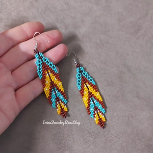 Feather beaded earrings, Ethno style earrings, Long dangling earrings, Boho seed bead Earrings, Beadwork earrings, Beads jewelry, gift idea
