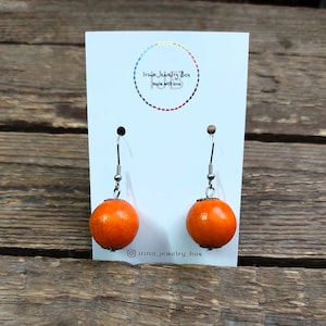 Wooden bead earrings,Single bead earrings,Wood beads earrings for woman,Simple earrings,Eco earrings Green Red Yellow Blue Orange Black Pink