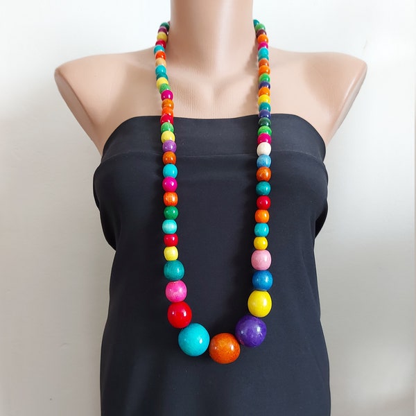 Collier en bois multicolore, collier coloré de grosses perles audacieuses, grand collier de perles, gros collier, collier arc-en-ciel, collier de perles
