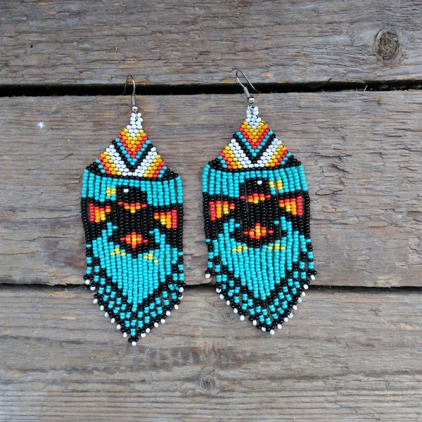 Raven beaded earrings, Turquoise seed bead earrings, Bead woven earrings, Beadwork jewelry, Handmade