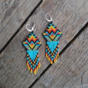 Blue Seed bead earrings,Native American style Beaded earrings,Native american style jewelry,Mexican style earrings,Fringe earrings,Beadwork