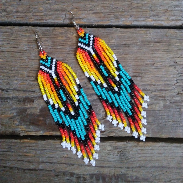 Turquoise beaded earrings, Dangling Earrings, Beads fringe earrings, Seed bead Earrings, Beadwork Handmade jewelry, Native American style