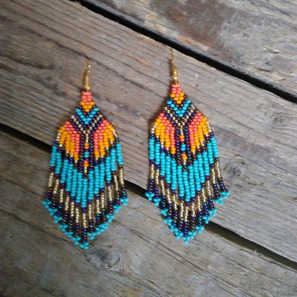 Turquoise beaded earrings,Ethnic seed bead earrings,Dangling Earrings,Beads Earrings in Native american style ,Boho Earrings,Gift for wife