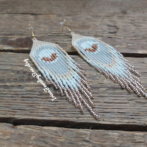 White Peacock Feather Earrings: Seed Bead Fringe, Bohemian Style