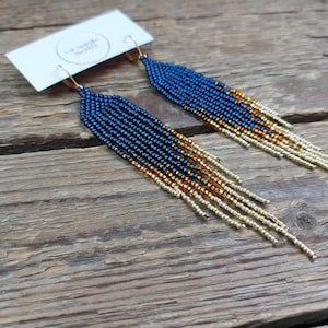 Blue - gold earrings, Long gradient earrings, Blue beaded earrings, Bead fringe earrings, Seed beads earrings, Handmade earrings,Bohemian
