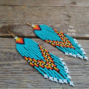 Turquoise beaded earrings, Beads fringe earrings, Seed beads earrings, Beaded jewelry for women, Handmade Gift for her