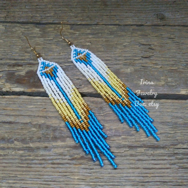 White - mustard - blue  beaded earrings, Long seed bead earrings, Bohemian earrings, Beaded jewelry, Handmade earrings, Gift idea for women