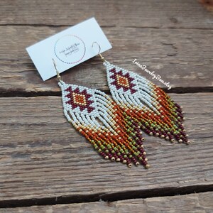 Ivory  green  brown beaded earrings, Fringe seed bead earrings, Beaded ethnic earrings,  Bohemian earrings, Boho beaded jewelry, Handmade