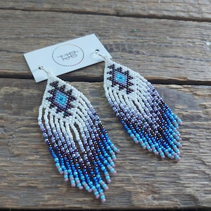 Purple - blue - white beaded earrings, Fringe seed bead earrings, Beaded ethnic earrings,  Bohemian earrings, Boho beaded jewelry, Handmade