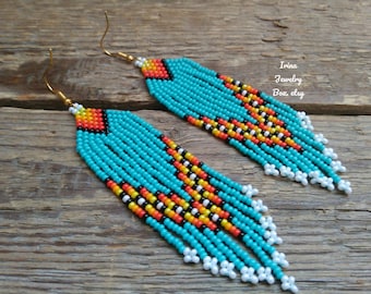 Turquoise beaded earrings, Beads fringe earrings, Seed beads earrings, Beaded jewelry for women, Handmade Gift for her