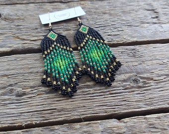 Green Beaded earrings, Boho earrings, Green seed bead earrings, Bead fringe earrings, Beadwork earrings, Handmade jewelry