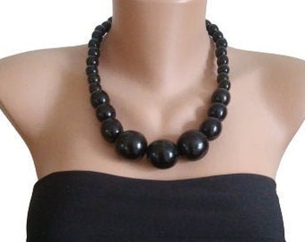 Black Big bold  necklace Wooden necklace large beads necklace Black Chunky wood beads necklace Beaded Statement necklace Eco jewelry