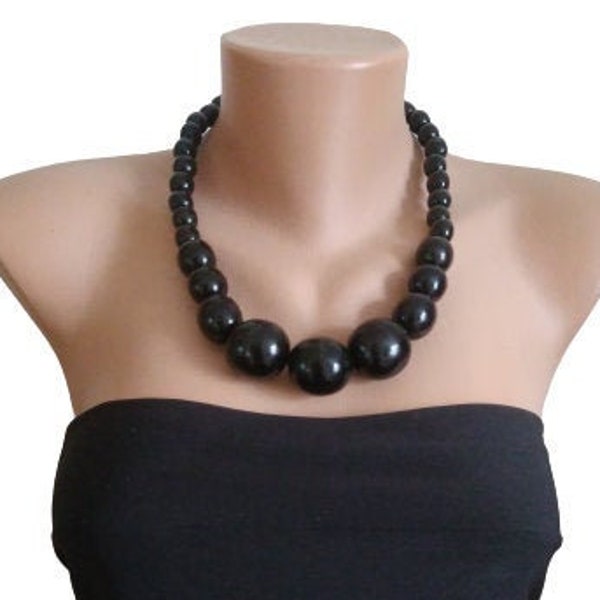 Black Big bold  necklace Wooden necklace large beads necklace Black Chunky wood beads necklace Beaded Statement necklace Eco jewelry