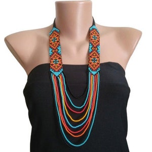 Beaded necklace Colorful Ethnic necklace Layered seed bead necklace Bright Long seed bead necklace Turquoise Beadwork necklace