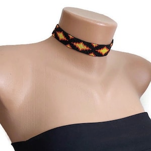 Black- red choker necklace, Fire beaded choker, Seed beads choker, Bead loom choker, Beadwork necklace, Ethno style, Gift idea