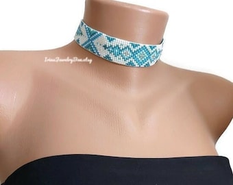 Blue  ivory seed bead choker, Handmade beaded necklace,  beadloom jewelry for women