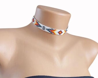 White Turquoise Beaded Choker: Ethnic Style Beadwork Necklace