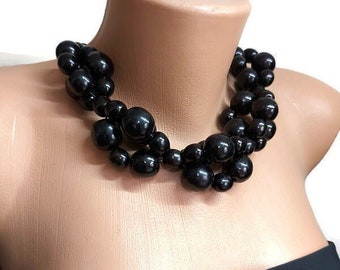 Black Chunky Wooden Bead Necklace: Eco-Friendly Statement Jewelry
