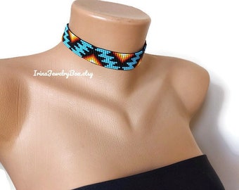 Beaded choker necklace in sky blue or turquoise color, Artisan beaded choker, Beadwork choker, bead loom Tribal choker, Handmade jewelry