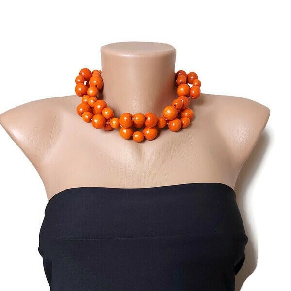 Chunky orange necklace,Hot orange wooden necklace,Wood bead necklace,Large beads necklace,Statement bib necklace,Halloween jewelry for women