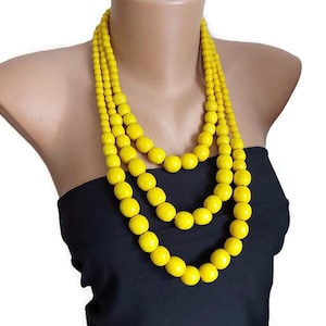 Yellow Wooden Bead Necklace: Bright Three-Strand Eco Jewelry