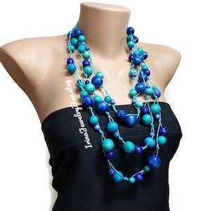 Blue wooden necklace,Multistrand beaded necklace,Large beads necklace,Big bead necklace,Statement necklace,Eco friendly jewelry for women