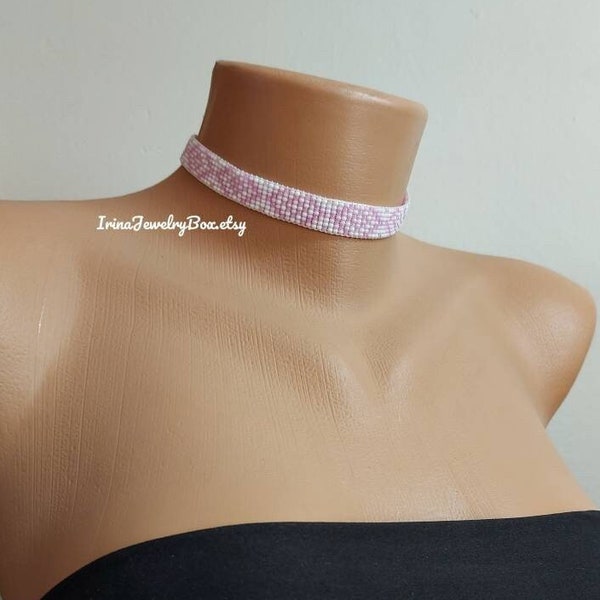 Pink Choker necklace, Seed bead choker, Pink and white beaded choker,  Bead loom choker, Ethno jewelry,  Beadwork necklace, Handmade