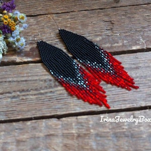 Red - gray - black beaded earrings Sparkle beads earrings Bead fringe earrings Long earrings Handmade earrings Beadwoork jewelry Gift