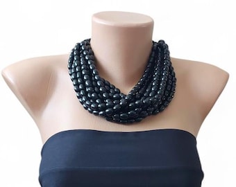 Multi-Strand Black Wooden Necklace, Ethno Style Statement Jewelry, Chunky Beaded Collar for Women