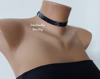 Dark blue choker necklace, Beaded iridescent choker, Handmade choker, Jewelry for women, Gift for her, Handwoven necklace