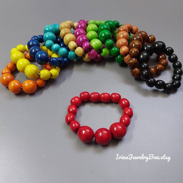 Wooden bead bracelet Yellow Red Blue Black Green Orange Multicolor Brown large wood beads bracelet Statement beaded bracelet Eco accessories