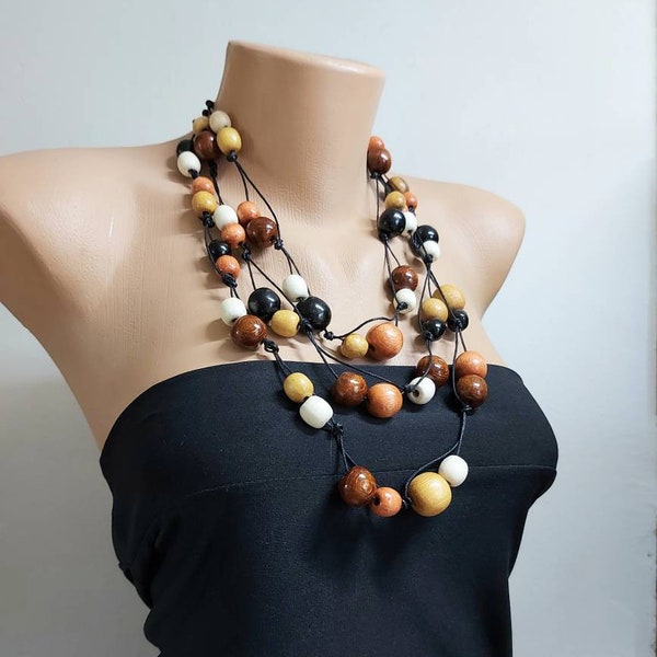 Bruine houten kralen ketting, houten ketting, grote kraal ketting, lange kralen ketting, chunky ketting, statement ketting, eco sieraden voor vrouwen