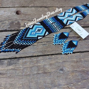 Blue seed bead necklace, Ethnic necklace, Long beads necklace, Bead loom necklace, Seed Bead Loom Work Necklace, Gift idea