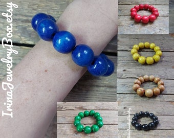 Large wooden beads bracelet, Black/ Blue/ Red/ Yellow/ Beige beaded bracelet, Statement bracelet, Big bead bracelet