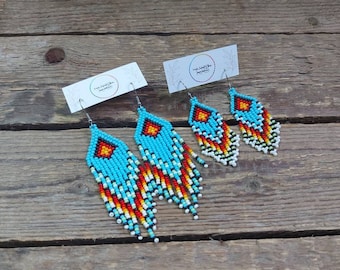 Sky Bue Beaded Earrings,Beads fringe earrings,Blue dangling seed bead earrings,Native american STYLE earrings,Chandelier,beadwork jewelry