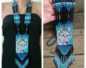 Made to order White Wolf beaded necklace ,Native American style seed beads necklace,Long Necklace Wolf, Long seed beads necklace Wolf