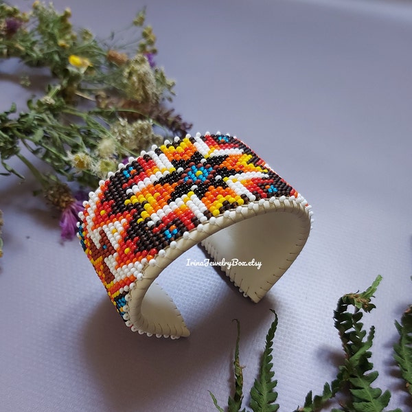 Geometric beaded cuff bracelet, Cuff bracelet for women, Colorful wide bracelet, Ethnic wrist cuff, Beaded jewelry, Handmade, Gift for her