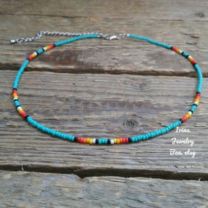 Turquoise Beaded Choker: Boho Tiny Seed Bead Necklace